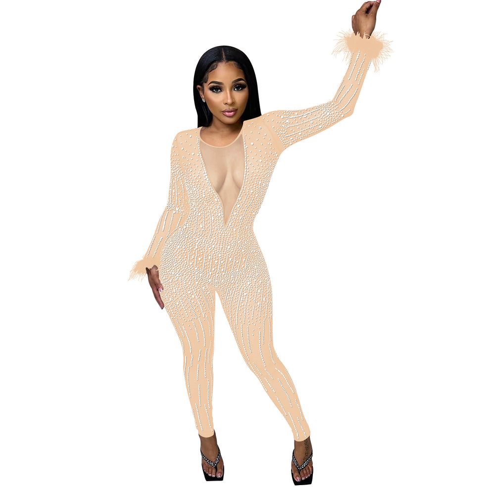 C6200   fashion women's mesh rhinestone v-neck long sleeve feather long jumpsuit