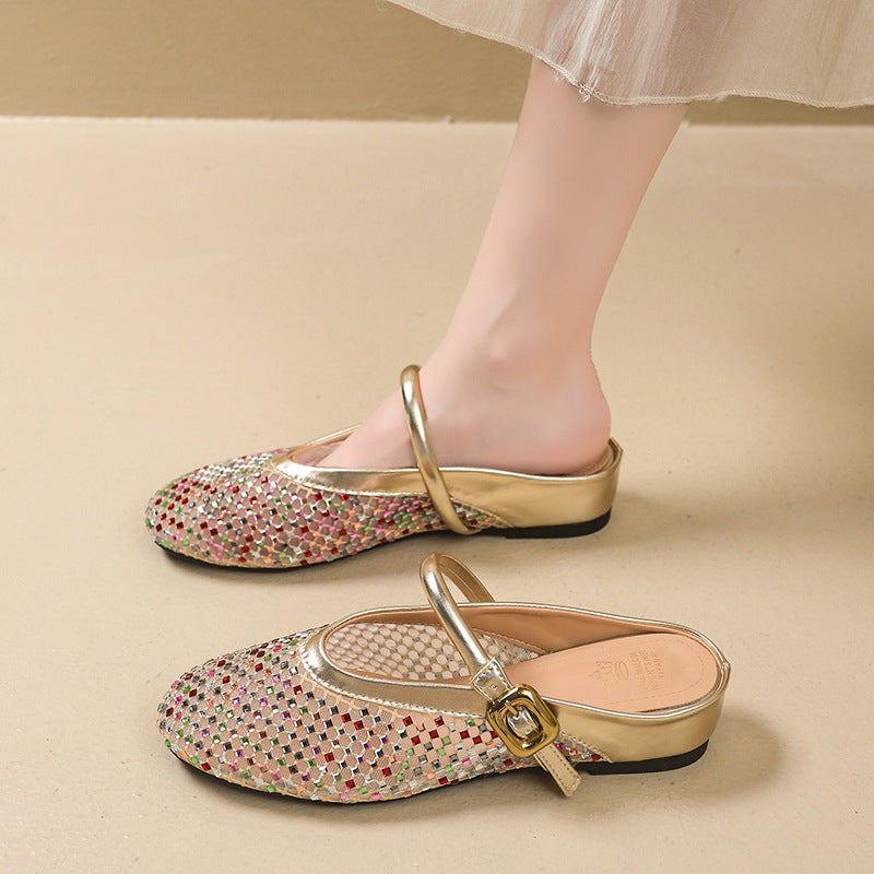 Simple summer 2025 new arrival plaid mesh cut out breathable toe shoes women's rhinestone home outwear one-word buckle cool