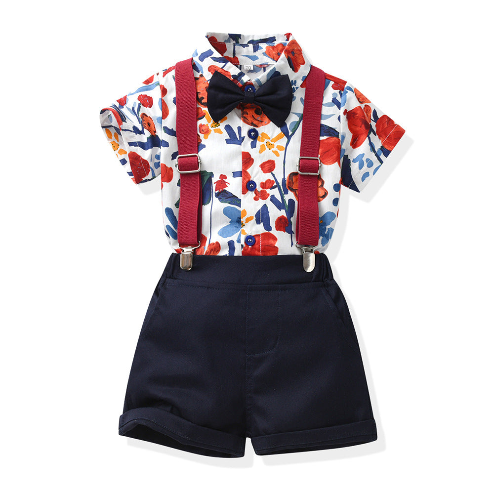 European and american style boys' outfit set: short-sleeve printed shirt, overalls, bow tie - beach-themed cross-border children's wear wholesale