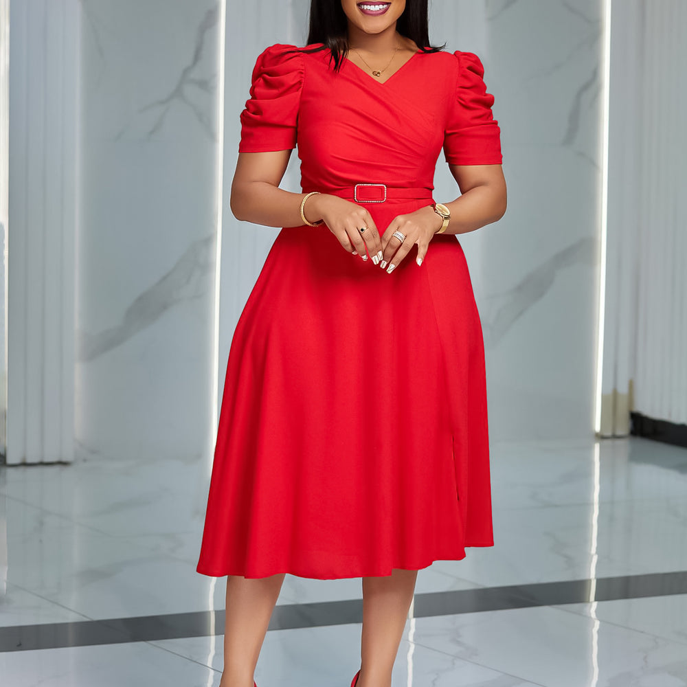 D490  foreign trade women's summer new fashion elegant v-neck pleated swing dress
