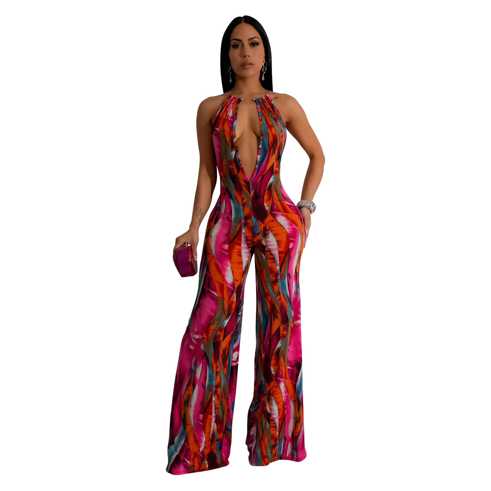 C6930 cross-border   fashion women's printed sleeveless deep v color block backless long jumpsuit