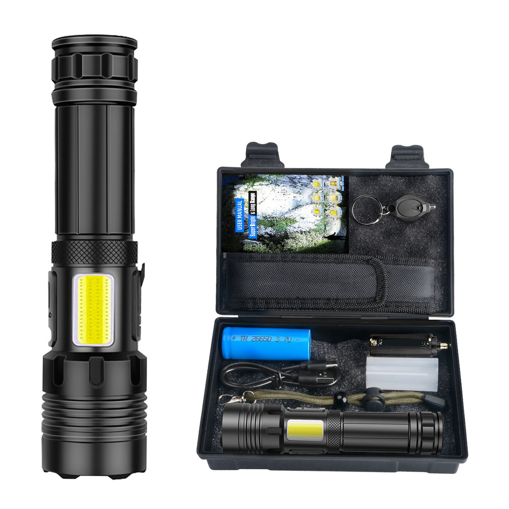 Cross-border new XHP90 + COB strong light flashlight USB charging outdoor zoom side light P160 LED flashlight