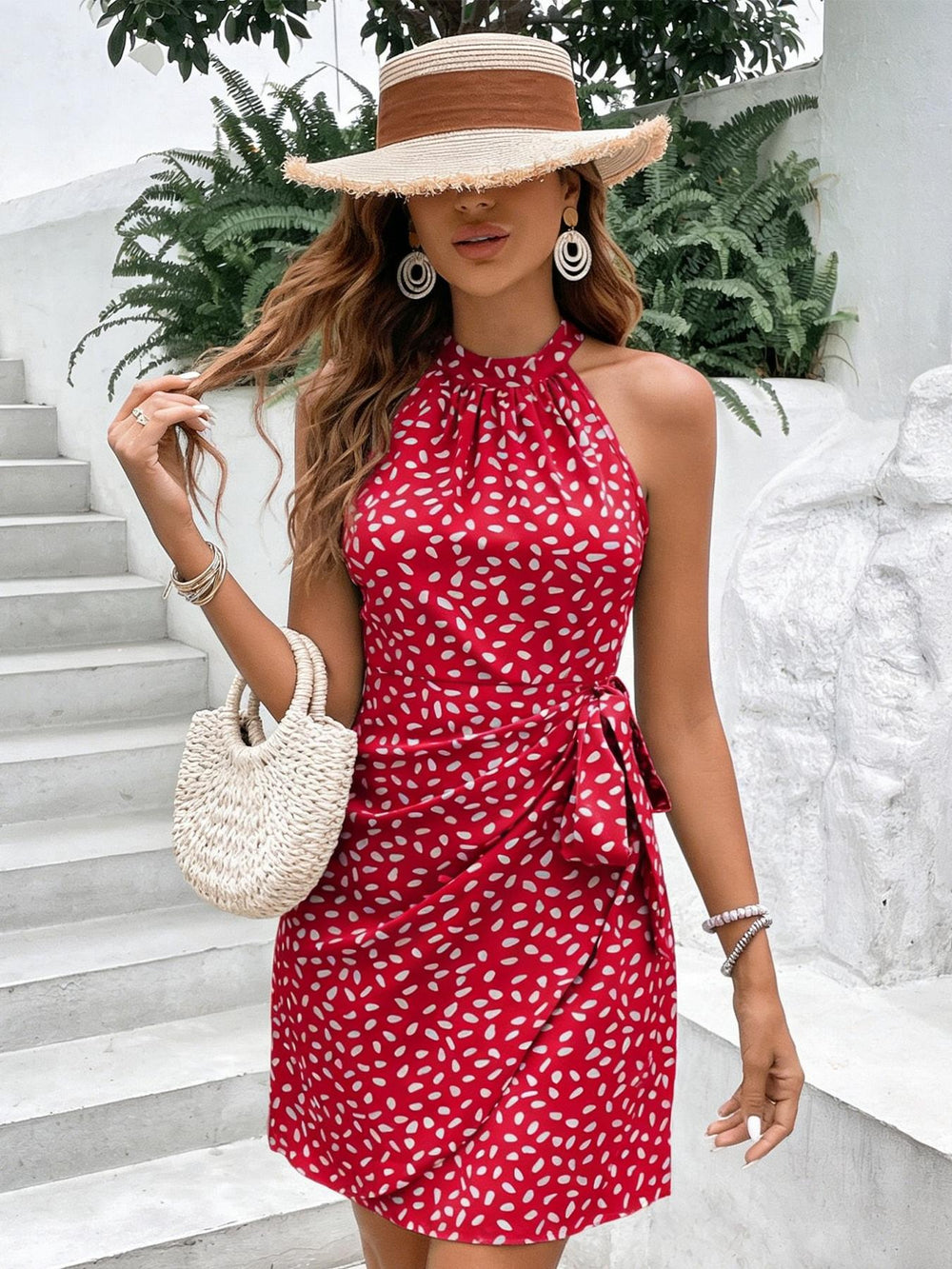 European and american  cross-border women's summer new arrival halter neck tie sleeveless polka dot floral pleated mini dress