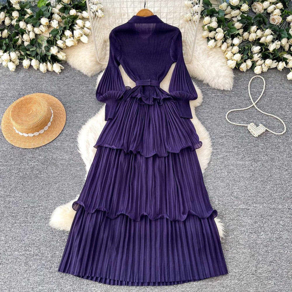 K-style lantern sleeve dress women's waist strap rufflespleated cake skirt slimming look long skirt