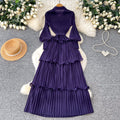 K-style lantern sleeve dress women's waist strap rufflespleated cake skirt slimming look long skirt