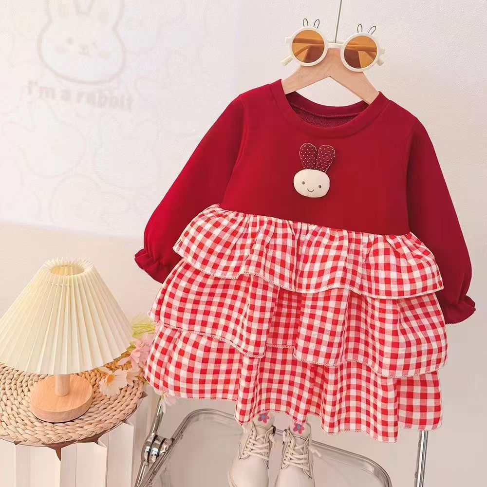 Girls' spring/autumn korean style dress - chic cherry plaid long sleeve dress for little girls, baby princess dress