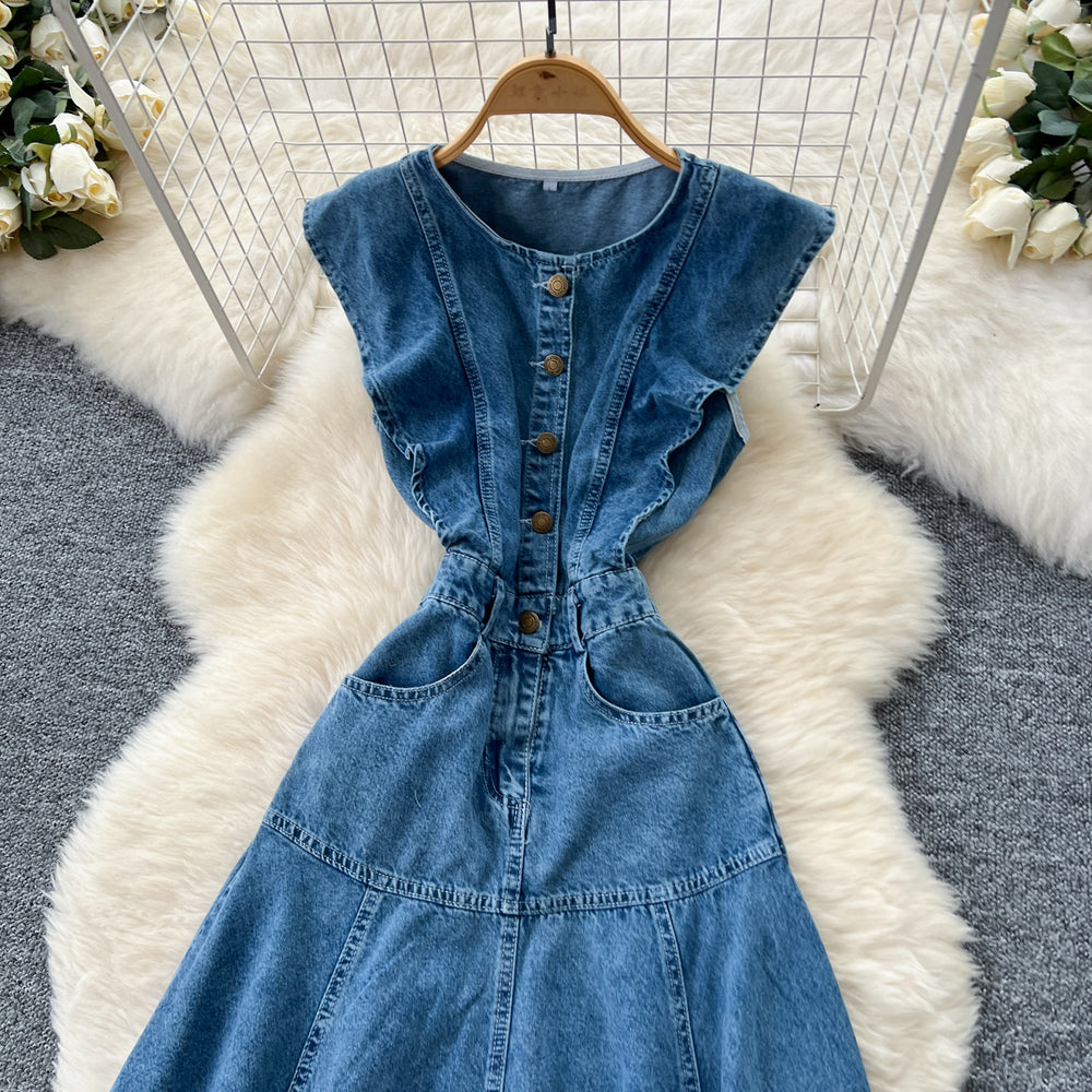 Frenchretroniche stylesense of designrufflespatchworksingle breasted waist denim dress women's sleeveless vest dress