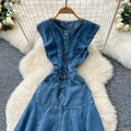 Frenchretroniche stylesense of designrufflespatchworksingle breasted waist denim dress women's sleeveless vest dress