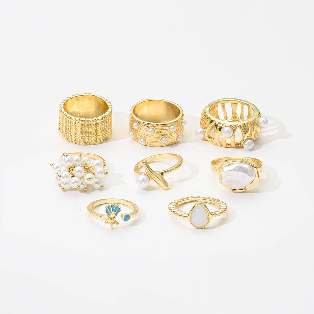 Women's pearl ring set - european & american fashion, geometric, unique design, baroque floral & teardrop rings - wholesale