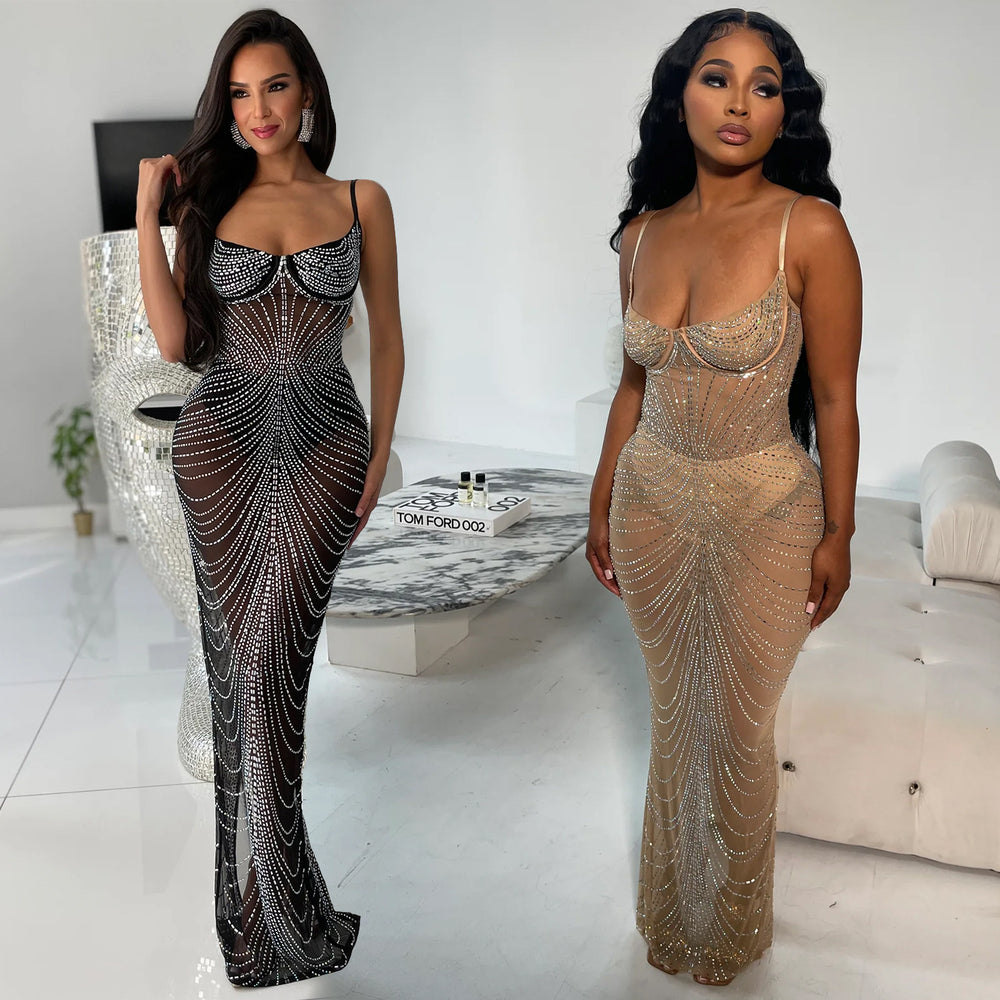 C6613 cross-border   fashion women's solid color mesh rhinestone camisole maxi dress