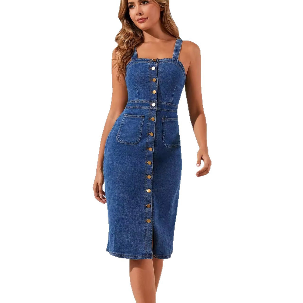 European and american cross-border e-commerce fashion casual trendy ins style button-up denim slip dress, mid-length, women's