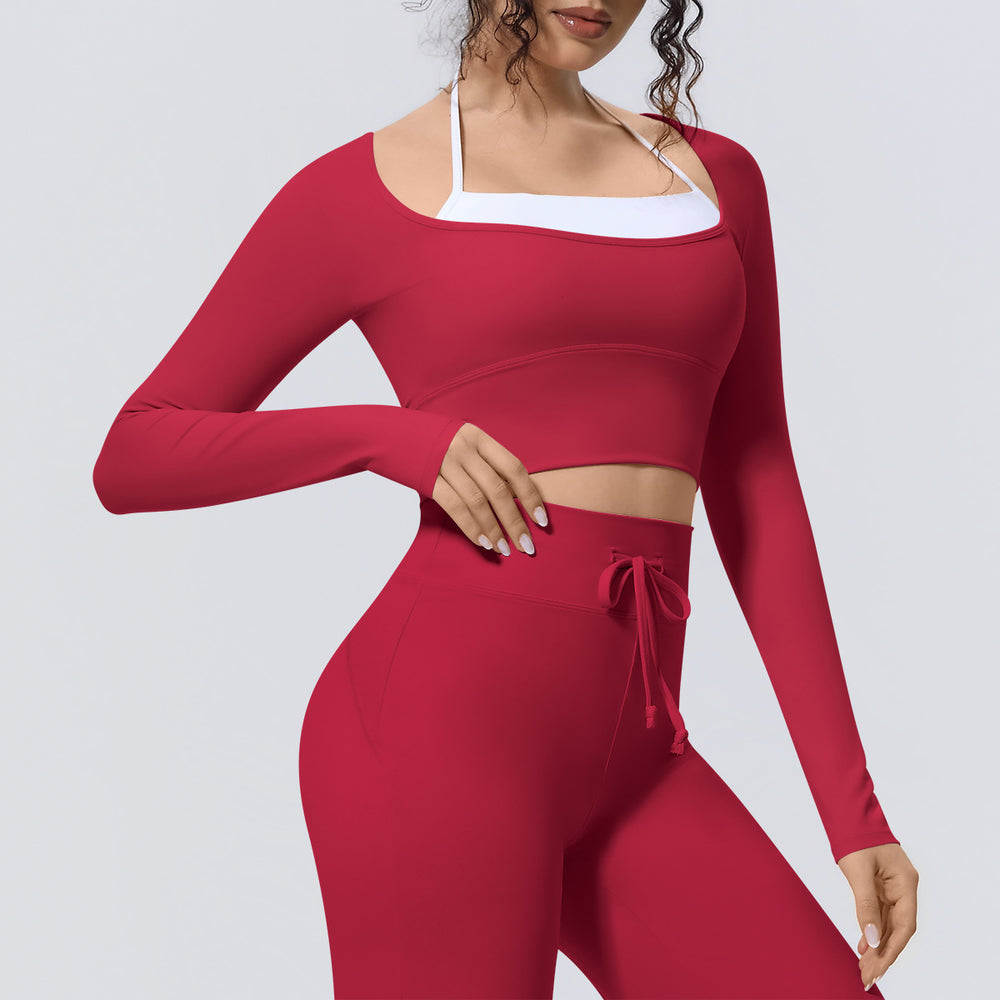 Naked-feel, form-fitting, quick-dry yoga top. faux two-piece design with built-in bra pads. long-sleeved athletic top for pilates, training, and fitness. women's
