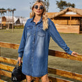 Fashion cross-border independent station  new washed denim loosecasual long sleeves with adjustable buckle dress