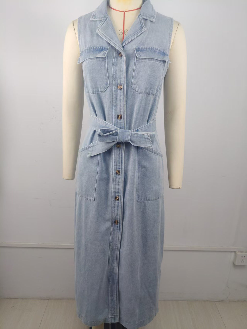 Fashion cross-border export  washed sleeveless four patch pockets single breasted work clothingslimming looklong denim shirt skirt