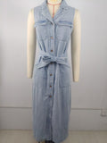 Fashion cross-border export  washed sleeveless four patch pockets single breasted work clothingslimming looklong denim shirt skirt