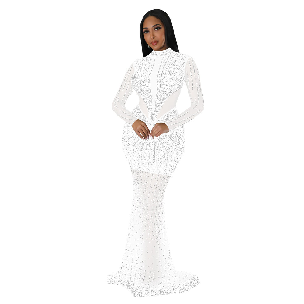 C6369 cross-border   fashion women's solid color mesh rhinestone long sleeve maxi dress