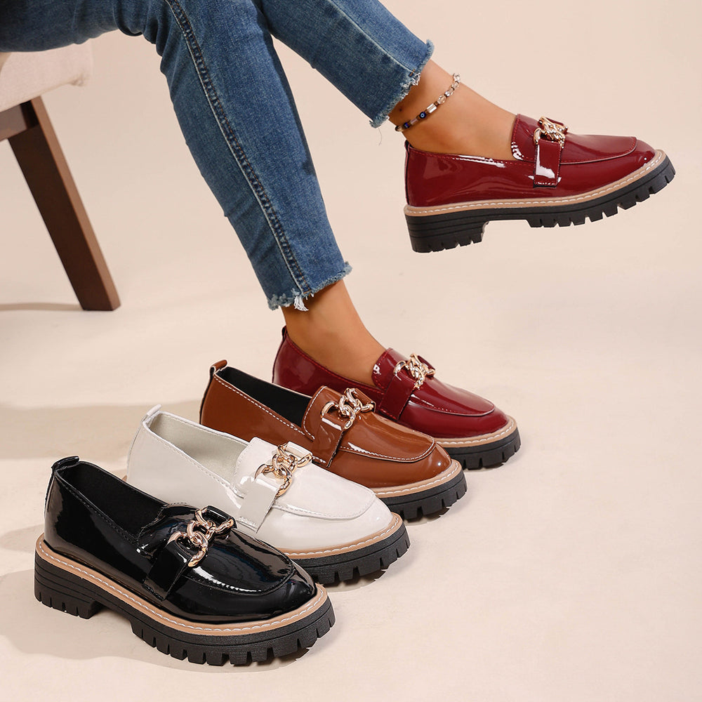 plus size british style metal chain low ankleflatsautumnew arrivalthick sole slip-on small leather shoes for women