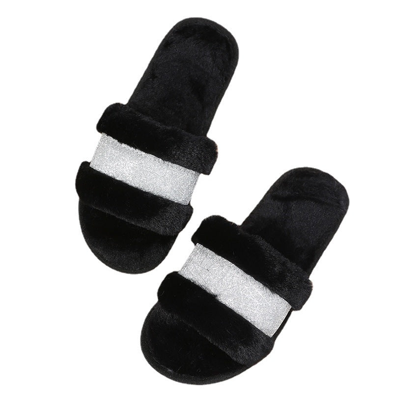 Export one-word fur slippers for girls 2024new arrivalfall and winterfashionflats slippers outwear open toe plus size cotton slippers trendy