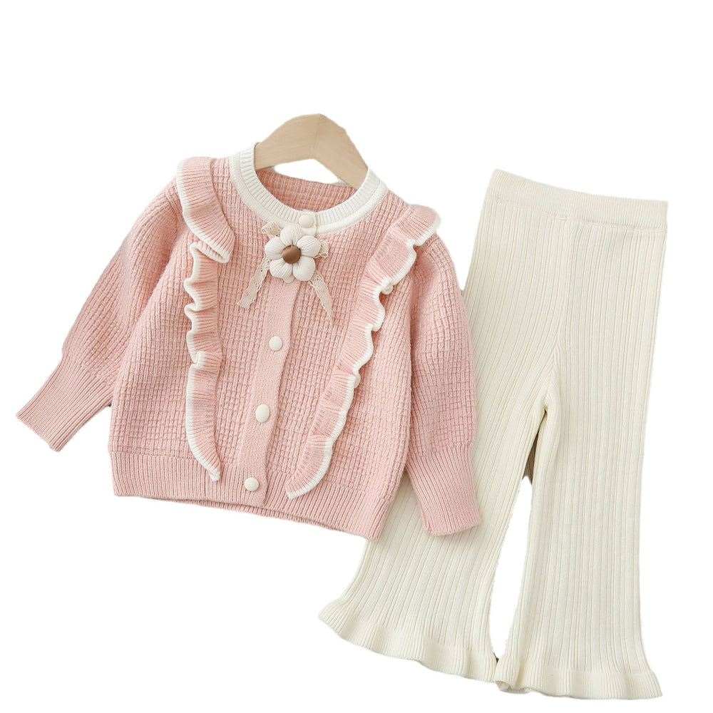Girls' knitted sweater two-piece set:  autumn/winter new handmade floral cardigan knit outfit for little girls