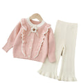 Girls' knitted sweater two-piece set:  autumn/winter new handmade floral cardigan knit outfit for little girls