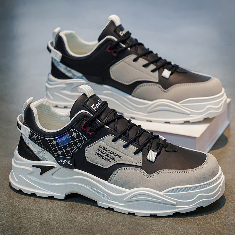 Men's spring versatile casual work shoes - leather, waterproof, athletic, height-increasing, white trendy sneakers for work and everyday wear