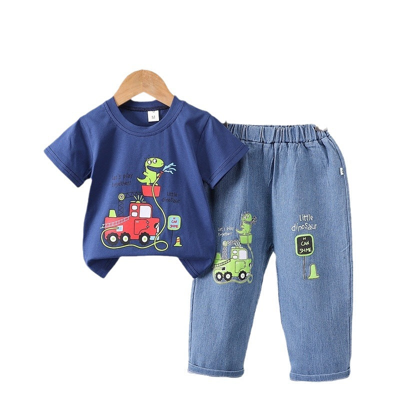 Summer new arrivals: toddler & kids' denim pants & cartoon print short sleeve two-piece set - multiple styles available