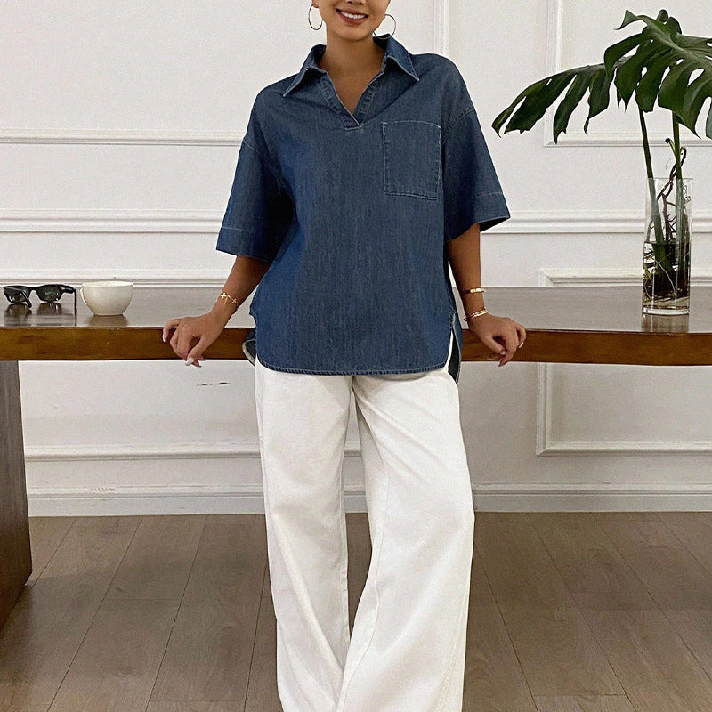 Customized European and American temperament short-sleeved shirt, denim blue V-neck pullover, loose shirt, look at the picture, contract labor and material processing