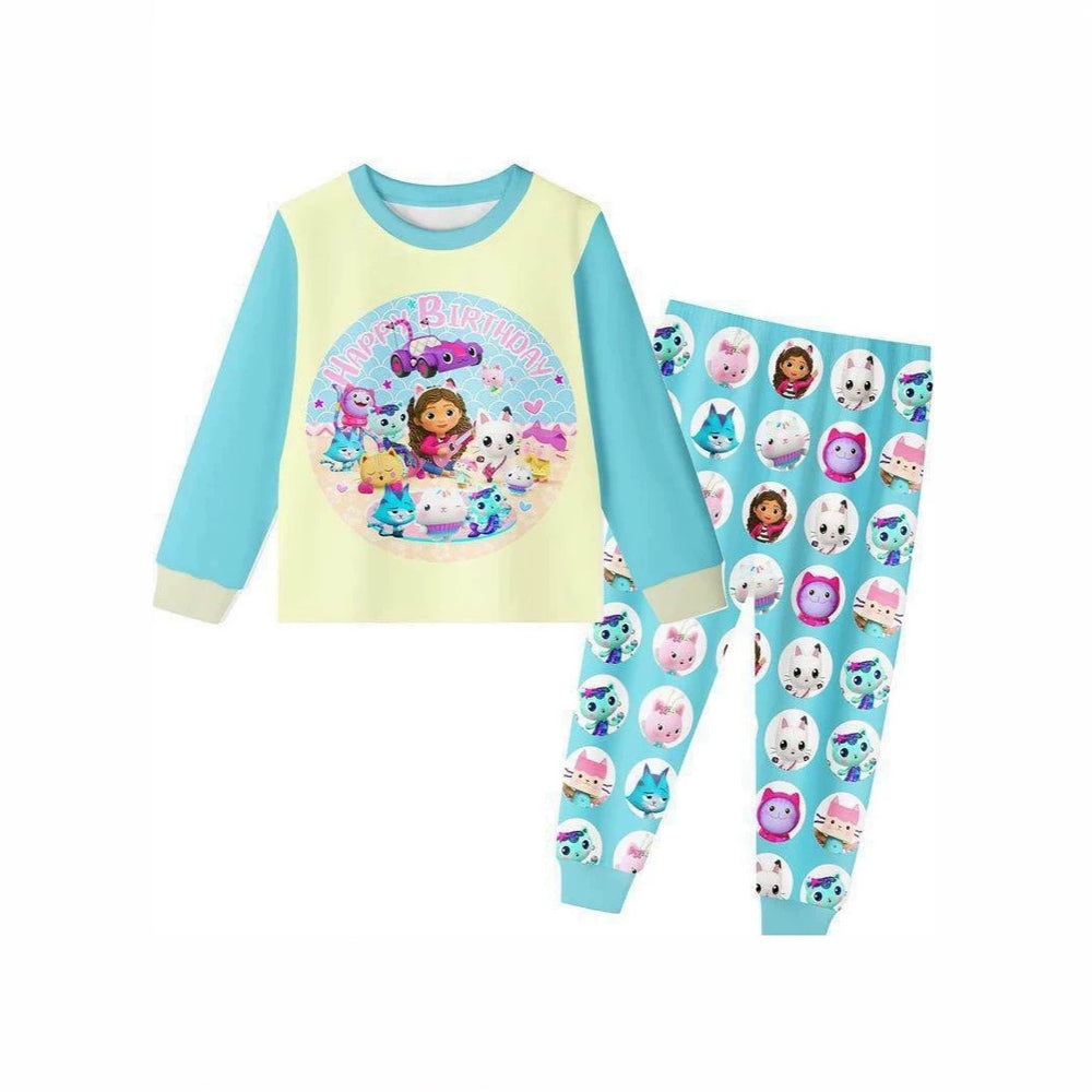 Blue drawstring home pajamas for kids, long-sleeve pajama set, cartoon girl design, dropshipping available