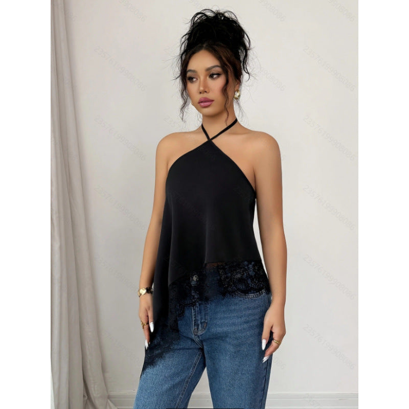 Women's summer new fashion elegant solid color lace patchwork asymmetrical hem backless halter tank top