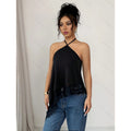 Women's summer new fashion elegant solid color lace patchwork asymmetrical hem backless halter tank top