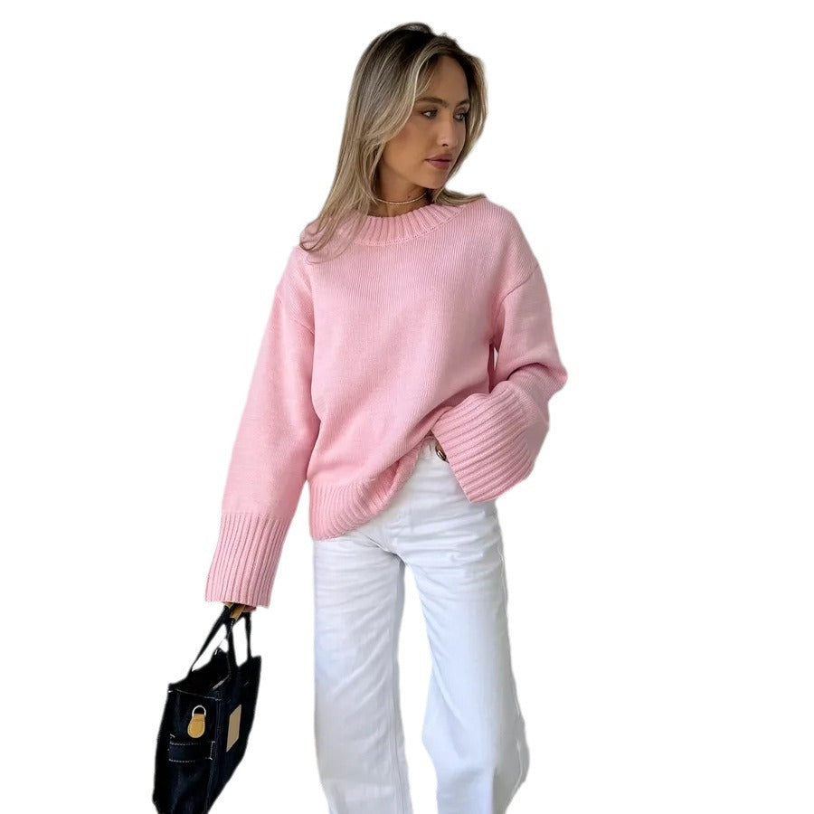 European and American   women's clothing loose women's long-sleeved round neck casual pullover knitted sweater fashionable solid color sweater women
