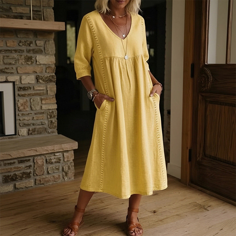 cross-border fashion: european & american style summer dresses - new arrivals. casual, loose-fit solid color v-neck pocket dress