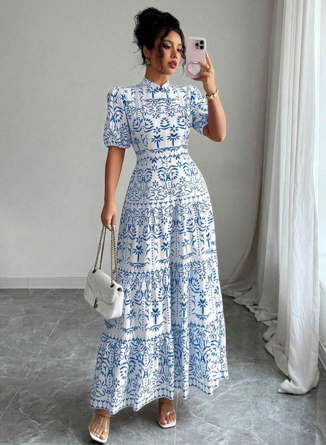 new fashion printed bubble sleeve european and american style women's dress for cross-border e-commerce