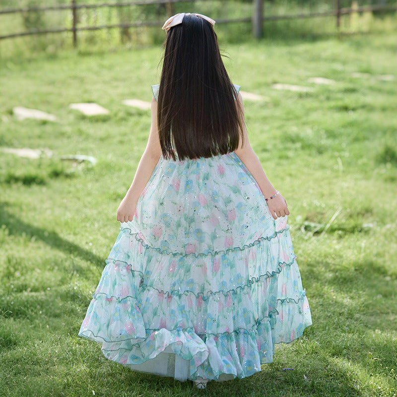 Girls' chiffon dress - floral print, country style, fresh and flowy, suspender dress, chic and stylish, new  long dress