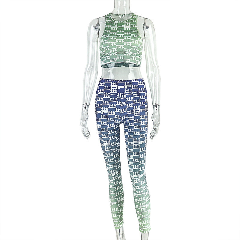 European and american style cross-border activewear women's outfit: cutout slim-fit printed pants and tank top set - two-piece with skinny jeans