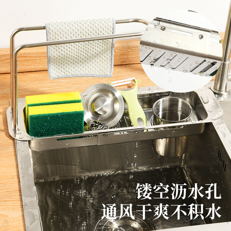 Sink Telescopic Drain Rack Stainless Steel Kitchen Sink Side Shelf Drying Rack Dishcloth Sponge Storage Basket