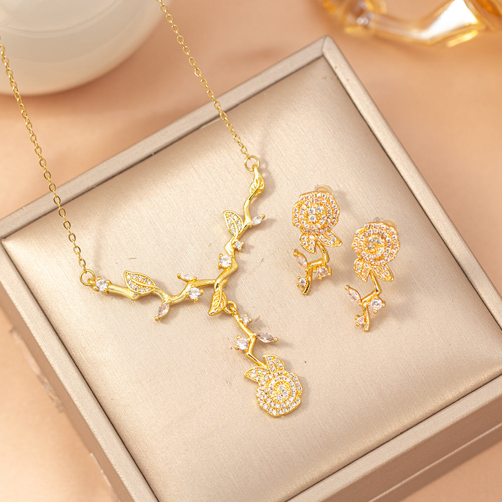[titanium steel] gorgeous full diamond rose copper inlaid zirconium necklace light luxury niche high-end collarbone chain earrings set