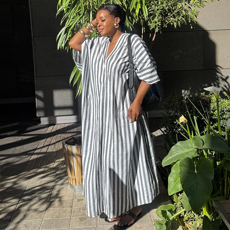 European and american women's clothing  autumn new sweet and fresh loose plus size striped v-neck batwing sleeve straight maxi dress
