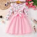 New girls' long-sleeve floral print mesh dress with turn-down collar and woven belt (available in toddler, little girl, and big girl sizes)