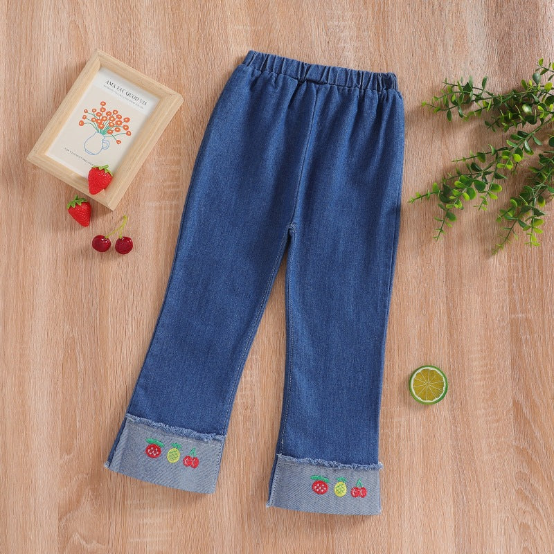 spring/autumn girls' casual embroidered denim fashion pants - korean style, trendy cartoon jeans for toddlers and children