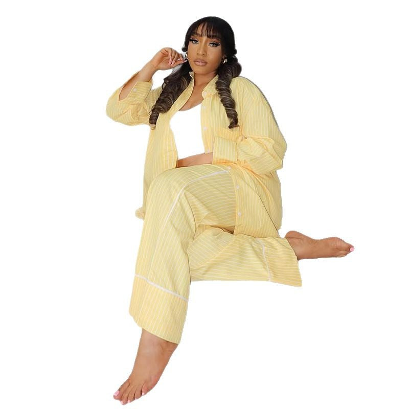 European and american cross-border women's clothing  spring/summer new arrival: casual loose-fit yellow striped shirt and pants two-piece set with turn-down collar