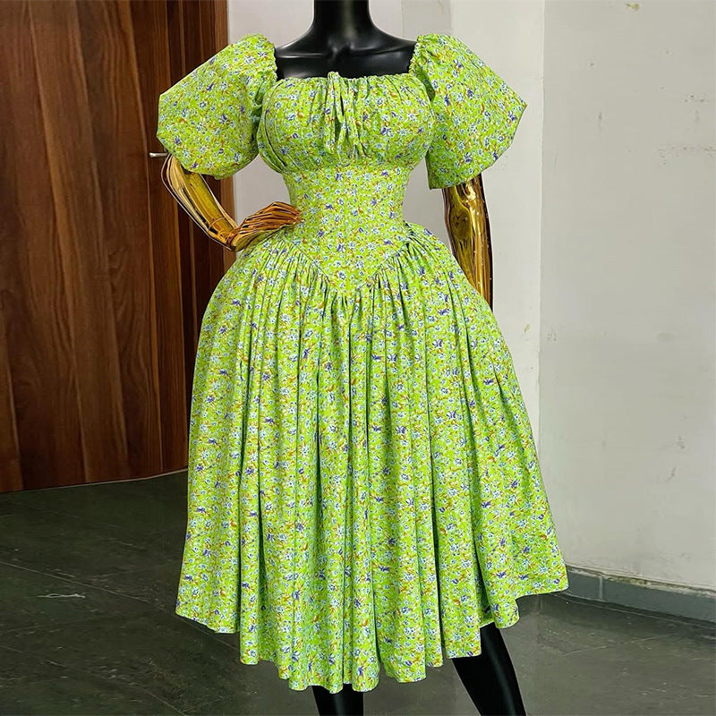 European and american cross-border women's fashion:  summer new arrival - fresh floral print, tie-waist, high-waisted, green midi dress