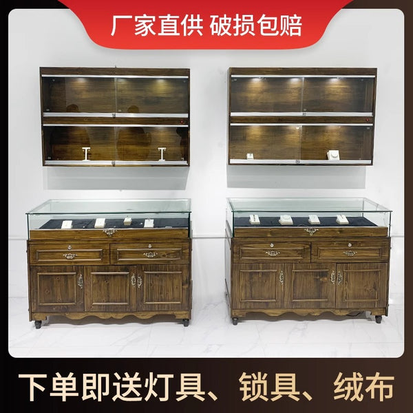 Solid wood jewelry display cabinet Antique jadeite beeswax jade counter jewelry museum glass display cabinet
