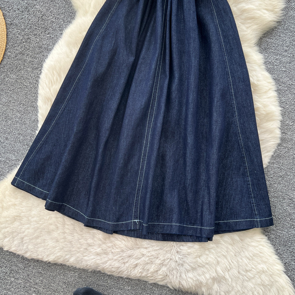Korean style commute denim short-sleeve dress -  summer, elegant, versatile, high-waisted, cinched waist a-line skirt