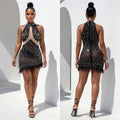 C7703 cross-border   fashion women's sexy mesh rhinestone beaded bodycon dress