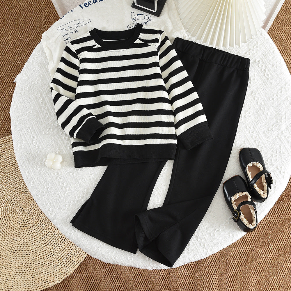 Girls' black and white striped sweatshirt set -  new fashionable and versatile kids' top and flared leg pants two-piece outfit
