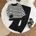 Girls' black and white striped sweatshirt set -  new fashionable and versatile kids' top and flared leg pants two-piece outfit