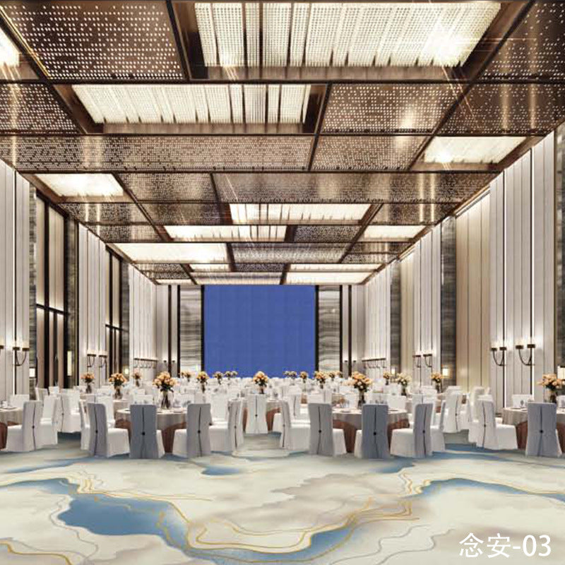 Custom carpets for hotel banquet halls, corridors, and aisles - fire-retardant, full-spread nylon printed carpets for restaurants and dining rooms