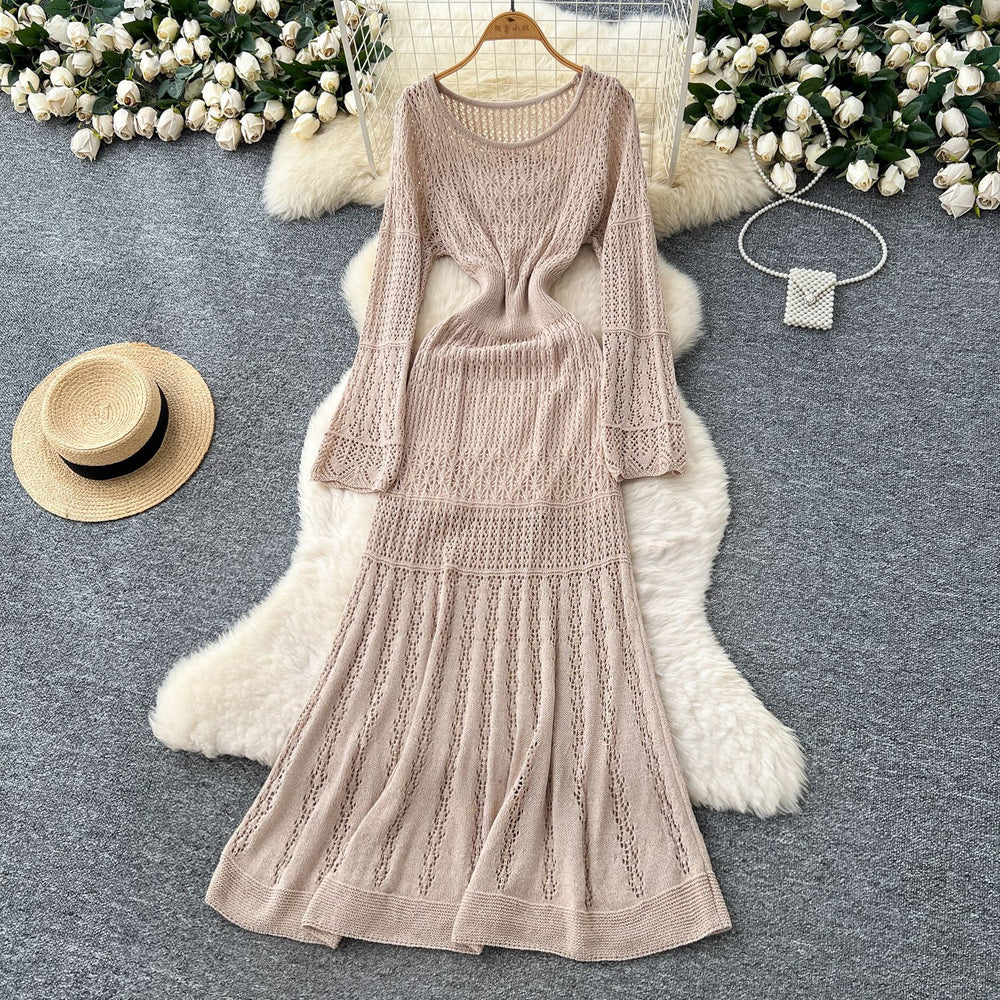 Lazy style casualclassy sense cut out crochet knittingdress women's inner suspender bottom skirt korean two-piece set