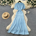 French style chic casual dress - women's short sleeve korean a-line dress - high waist slimming work-ready elegant dress